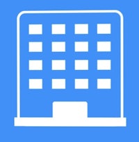 a building icon on a blue background